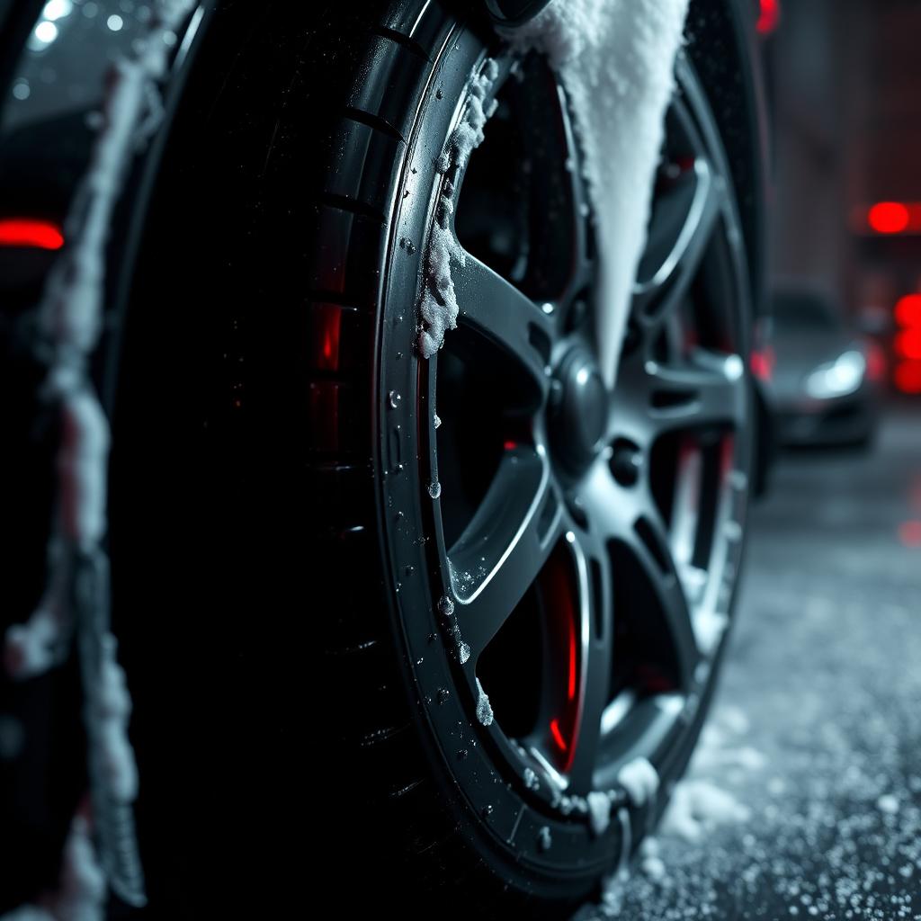 Close-up of a glossy black car wheel after detailing