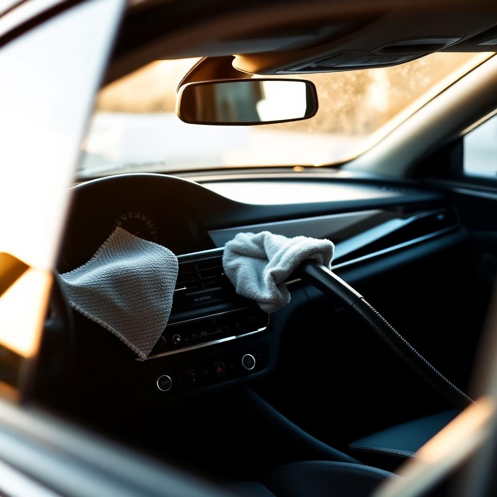 Detailer wiping down a clean car dashboard and console