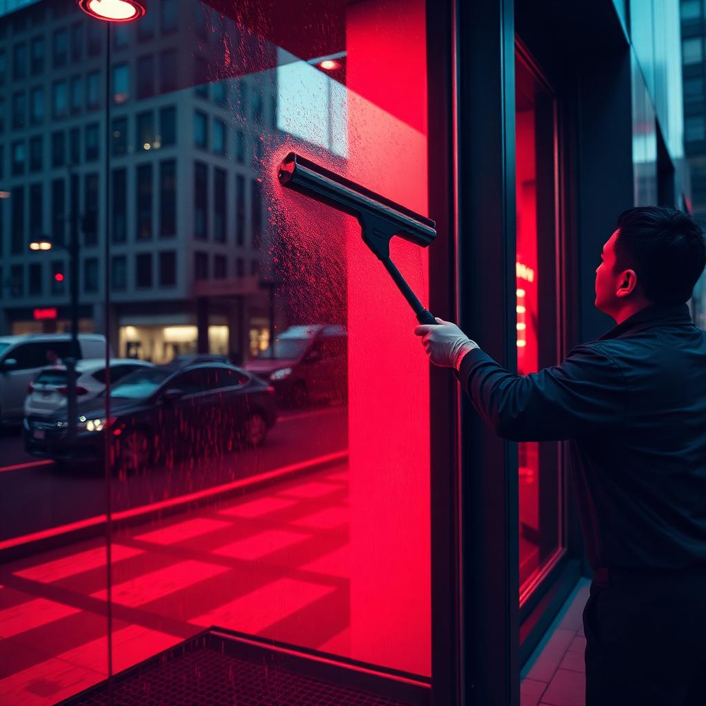 DIREC cleaner squeegeeing a downtown storefront window