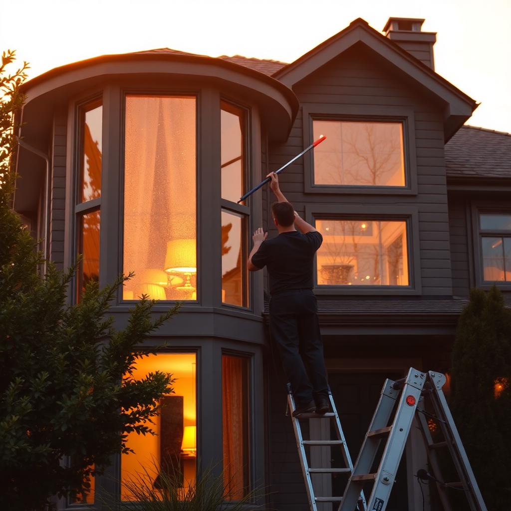 DIREC cleaner on a ladder washing the windows of a modern home